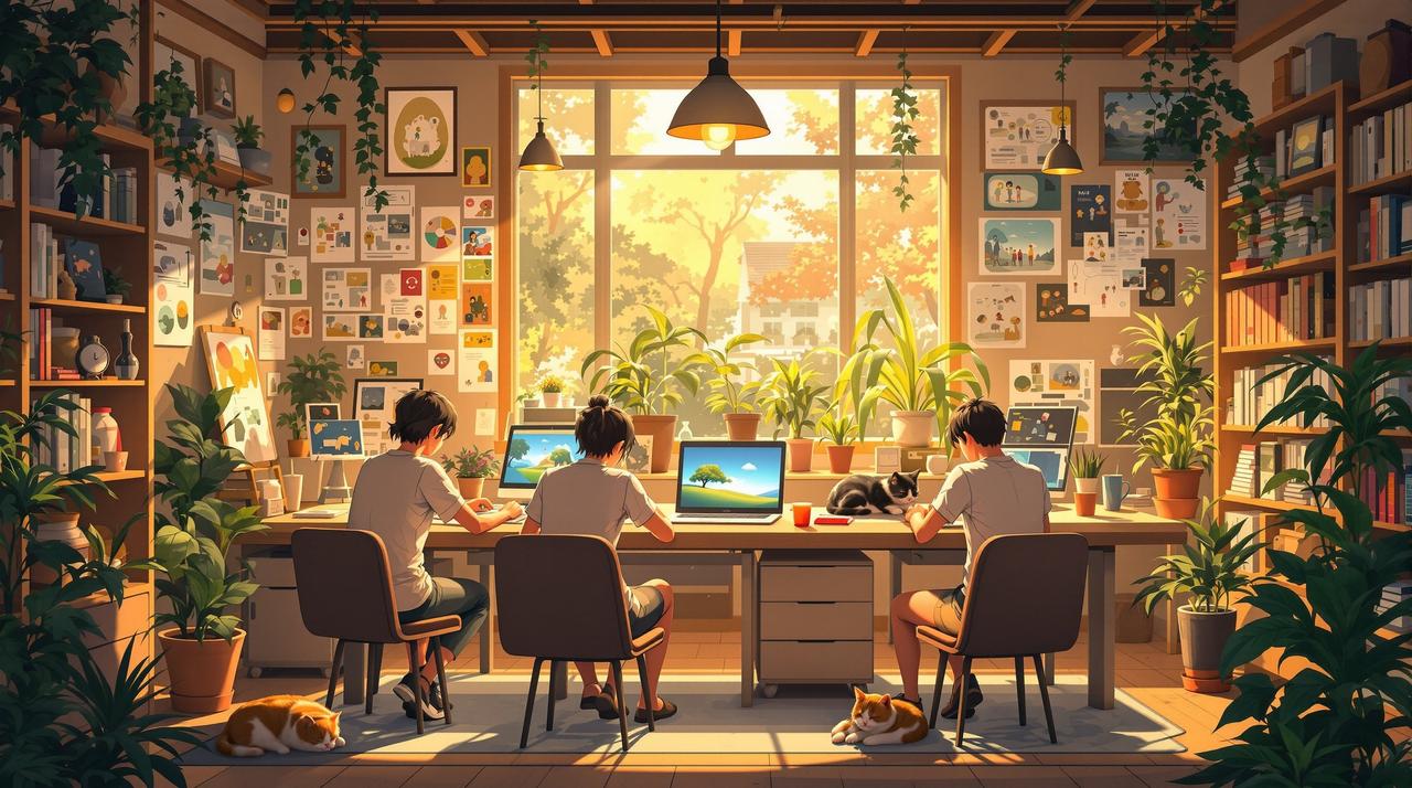 歪歪漫画网品牌故事 歪歪漫画网团队在温暖的工作室中共同创作,用热爱传递每一帧感动